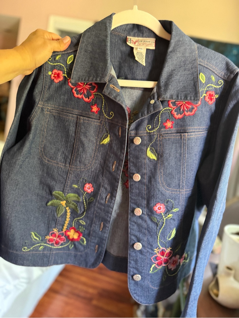 Embroidered Floral Denim Jacket - Blue
